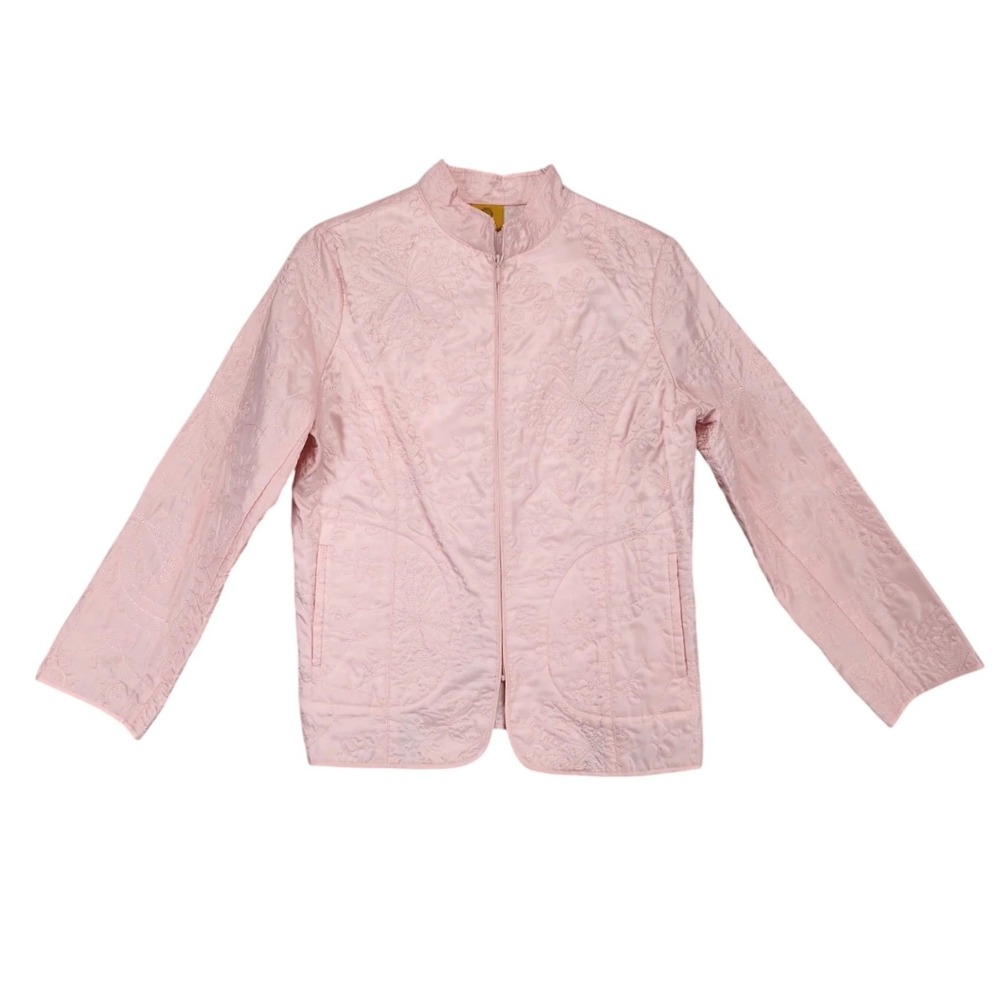 Ruby Rd Pink Embroidered Quilted Mandarin Jacket Womens 12 Full Zip Kawaii Girly